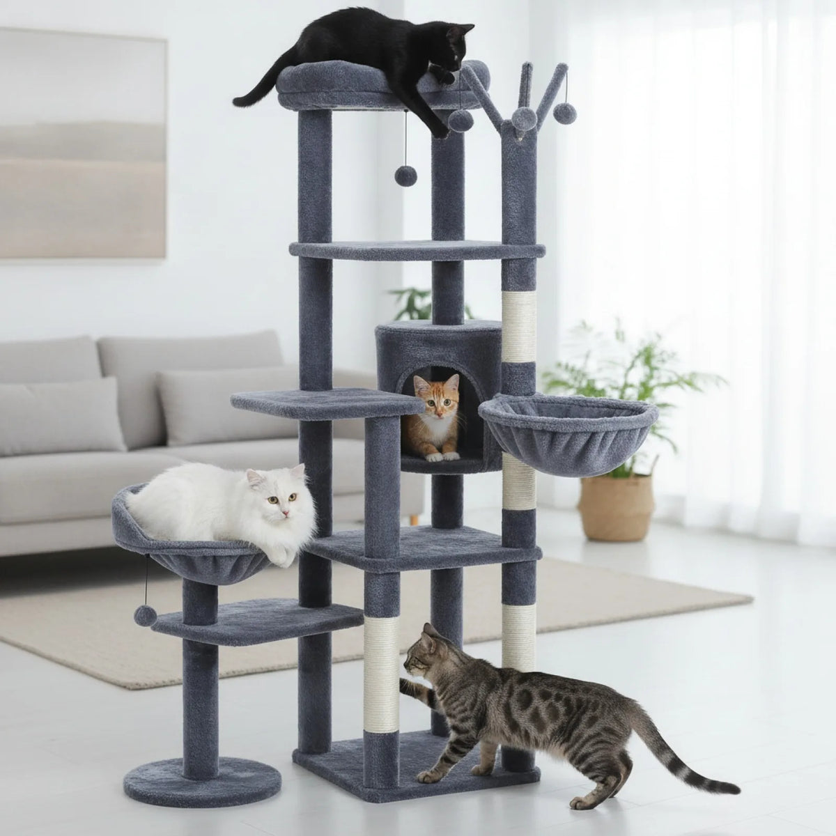 Arbre à Chat XXL 150 cm – Tour Multi-Niveaux Gris Foncé