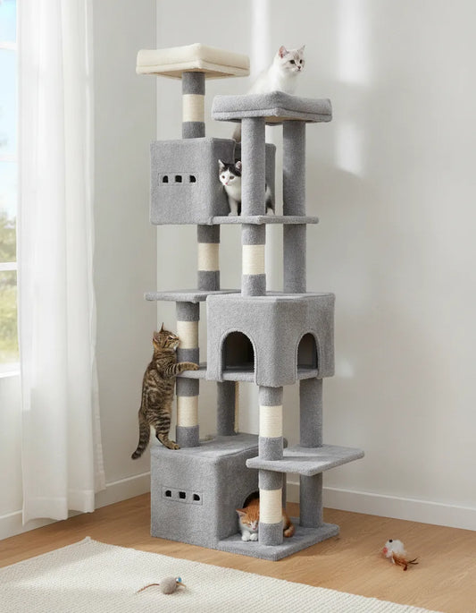 Arbre à chat XXL 193 cm - 7 niveaux gris 3 condos