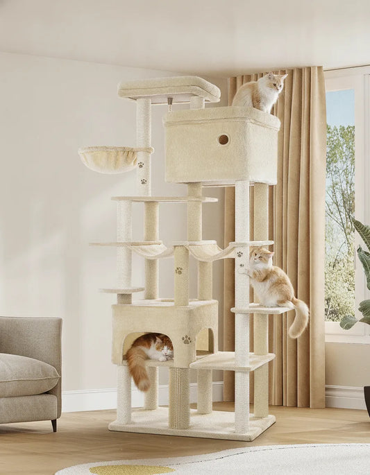 Arbre à chat XXL 200 cm beige Maine Coon 9 niveaux