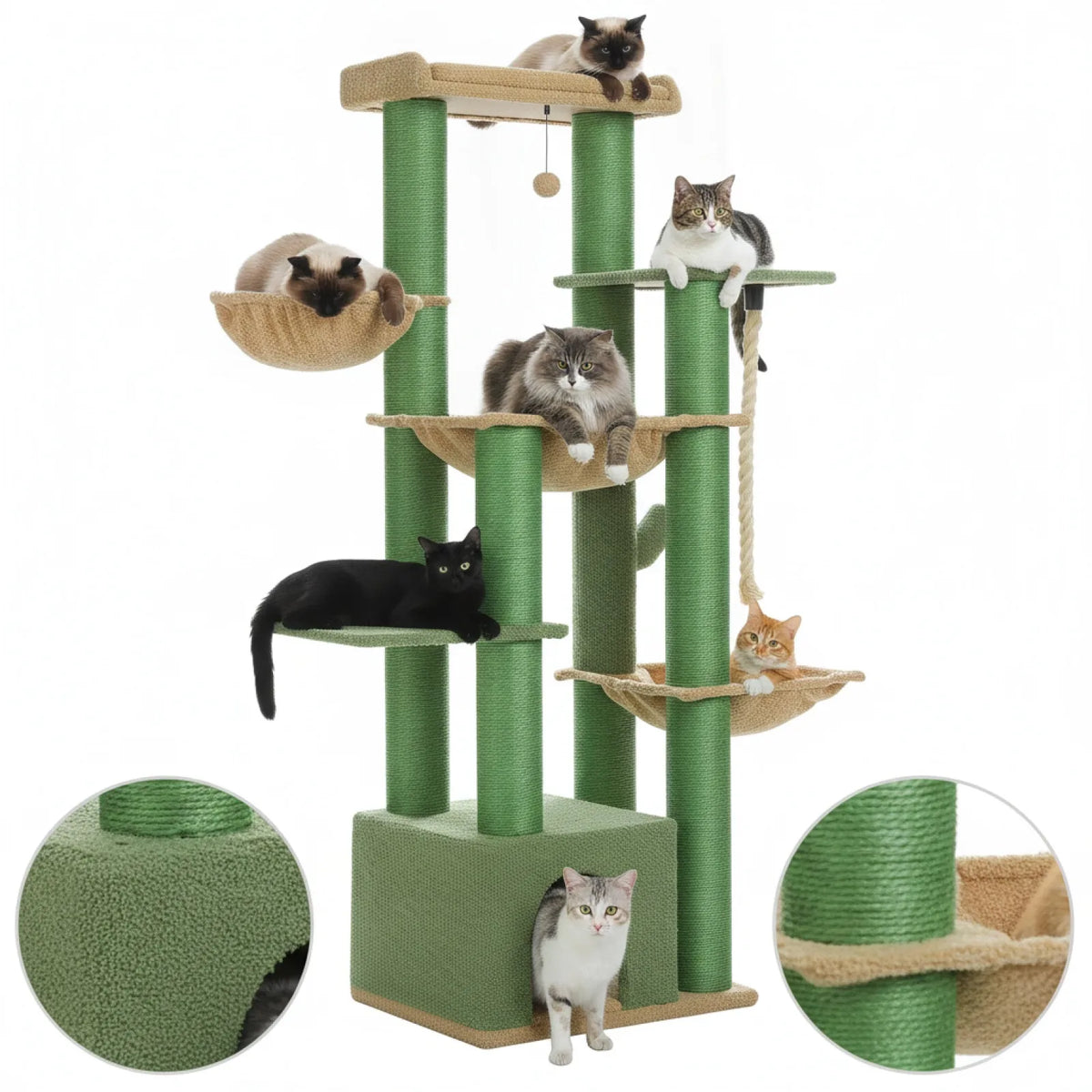 Arbre à chat XXL 7 niveaux vert beige - 11 griffoirs sisal 3