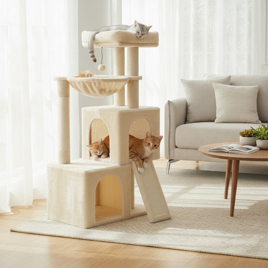 Arbre à chat beige 2 condos, hamac & perchoir