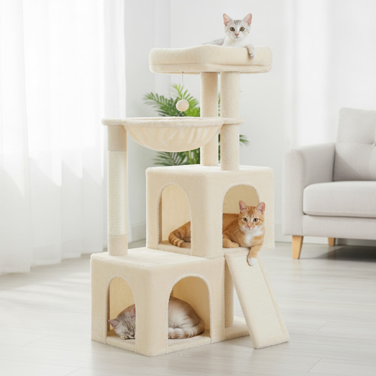 Arbre à chat beige 2 condos, hamac & perchoir 1