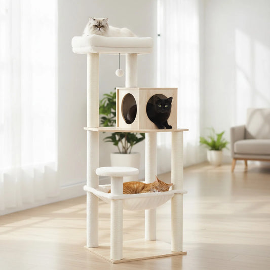 Arbre à chat blanc moderne – 4 niveaux, sisal, design bois