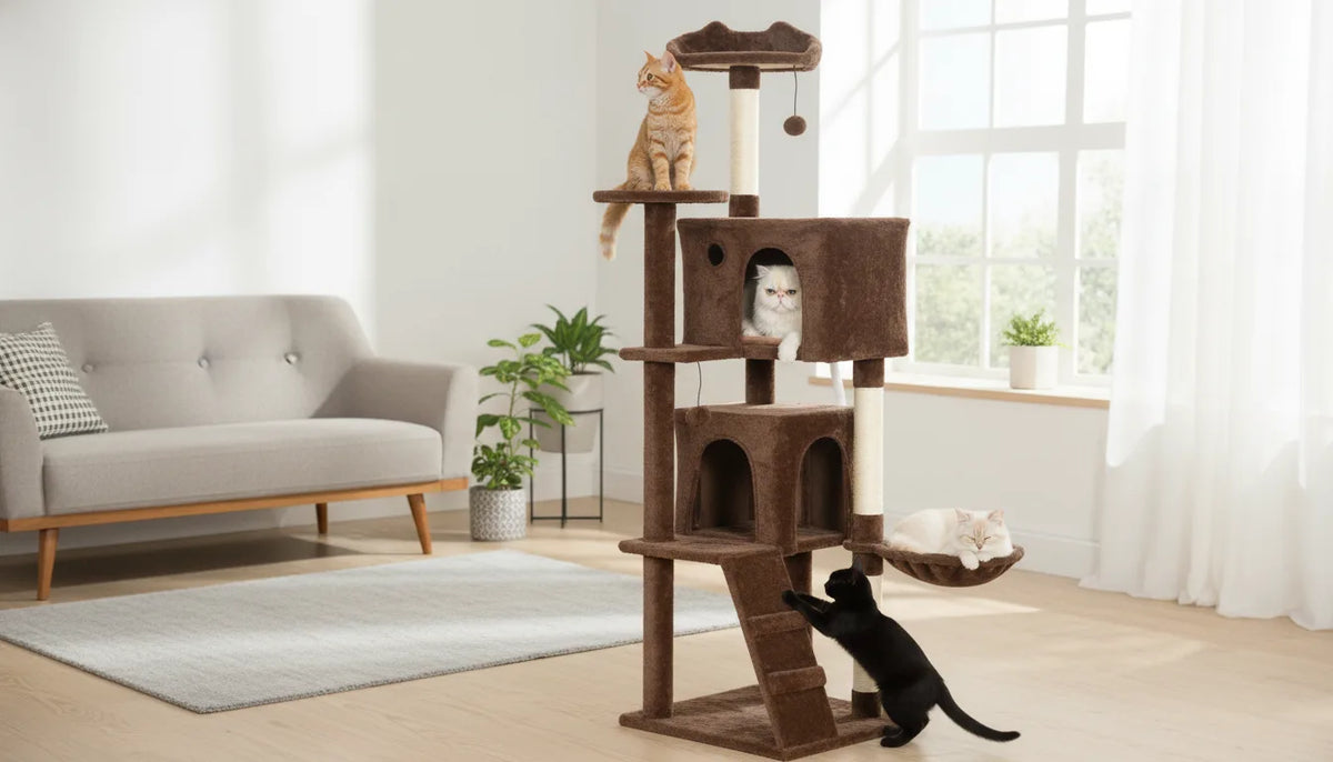Arbre à chat marron multi-niveaux 2 grottes hamac