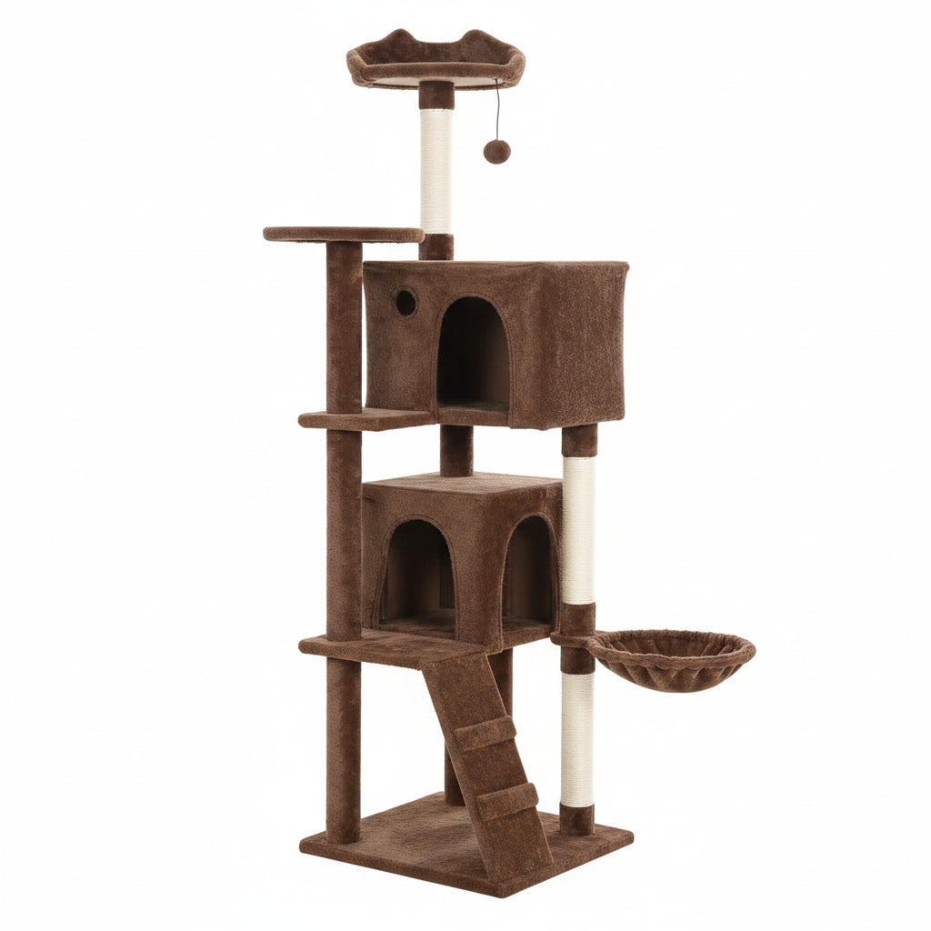 Arbre à chat marron multi-niveaux 2 grottes hamac 1