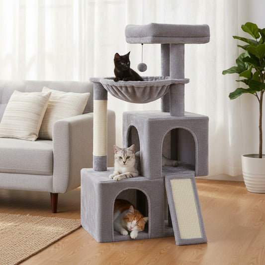 Arbre à chat multi-niveaux 2 condos, hamac & perchoir 