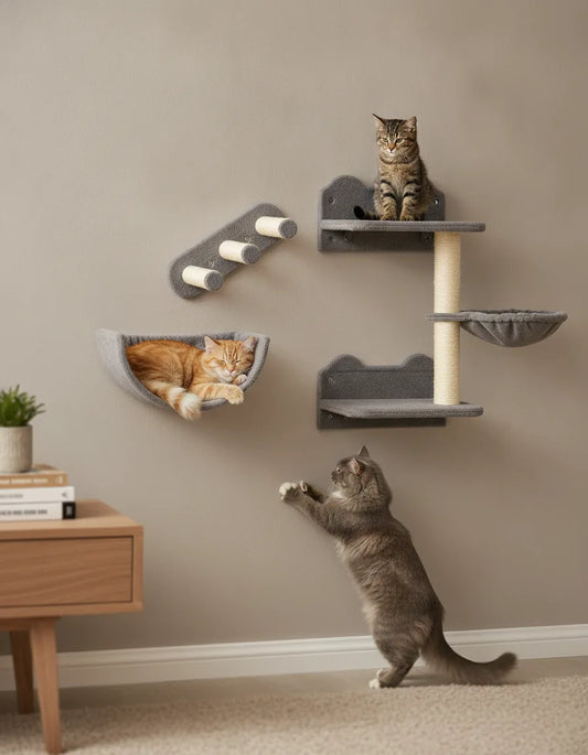 Arbre à chat mural gris - Kit de 4 pièces