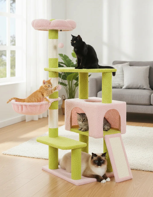 Arbre à chat original design fleur vert rose