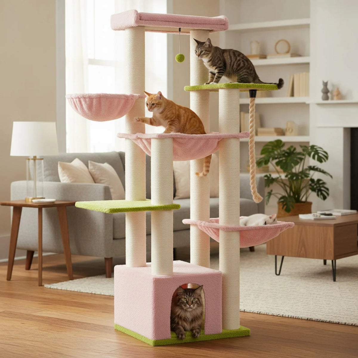 Arbre à chat rose grands chats – 11 poteaux sisal XXL