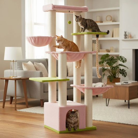 Arbre à chat rose grands chats – 11 poteaux sisal XXL