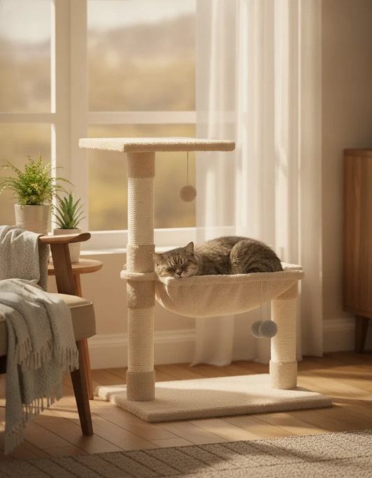 Petit arbre à chat beige rosé hamac et perchoir